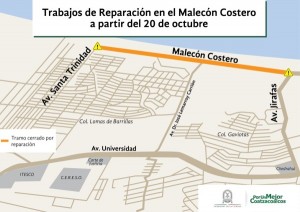 Cierran circulación en el tramo dañado del Malecón Costero de Coatzacoalcos
