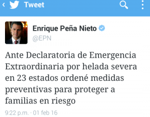 Declaratoria de Emergencia en 23 Estados del país por heladas: Enrique Peña Nieto