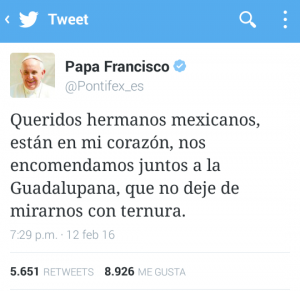 A través del Twitter Papa Francisco saluda los hermanos mexicanos