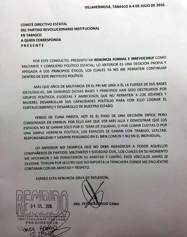 Carta de renuncia al PRI