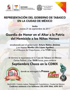 Encabezara Núñez el festejo “Septiembre Choco 2017” en la CDMX