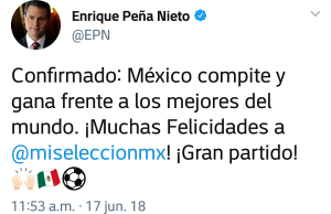 Peña Nieto felicita a la Selección Mexicana tras triunfo sobre Alemania