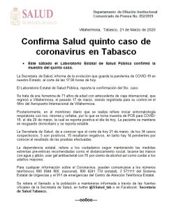 Confirma Salud quinto caso de coronavirus en Tabasco