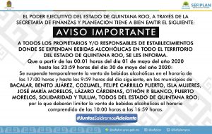 Reducción de horario para la venta de alcohol se extiende en Quintana Roo hasta el 30 de mayo