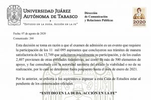 Reprograma la UJAT el examen de admisión para enero del 2021