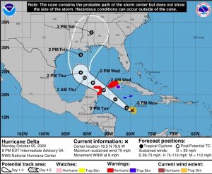 Tormenta tropical Delta, cobra fuerza y alcanza categoría 1 antes de lo previsto y mantiene su ruta hacia el norte de Quintana Roo como Huracán