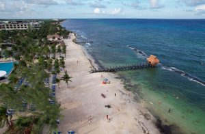 Ante falta de apoyo del Ayuntamiento municipal de Solidaridad y el gobierno federal, hoteles realizan por su cuenta limpieza de arenales en Xcalacoco, Playa del Carmen