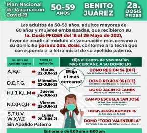 Este martes 22 de junio inicia segunda dosis de vacuna Pizer para personas de 50 a 59 años en Cancún