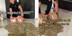 Hombre llena garrafón con monedas de 10 pesos y revela la cantidad que logró ahorrar