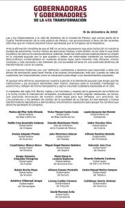 Gobernadores de Morena expresan su respaldo al ‘Plan B’ de la Reforma Electoral