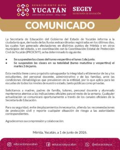 Ante lluvias extraordinarias, Segey suspende clases este lunes por la tarde y el martes 2 de junio 